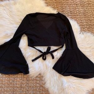 Shein Crop Faux Wrap top with Bell Sleeves Black